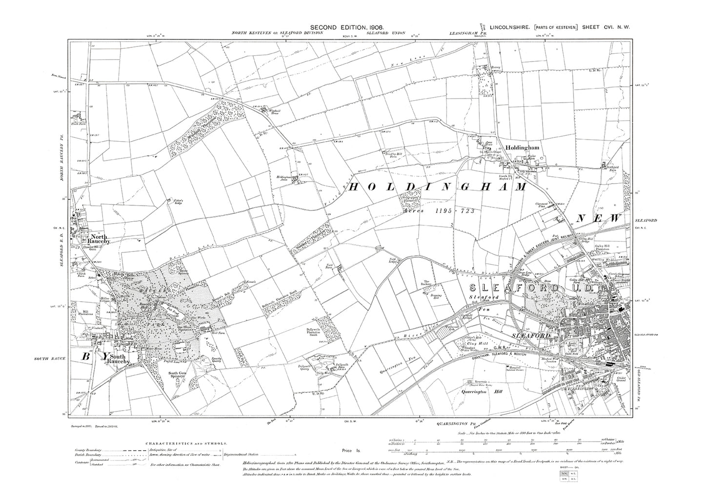 Sleaford (west), Holdingham, Rauceby North and South, Lincolnshire in 1906 : 106NW