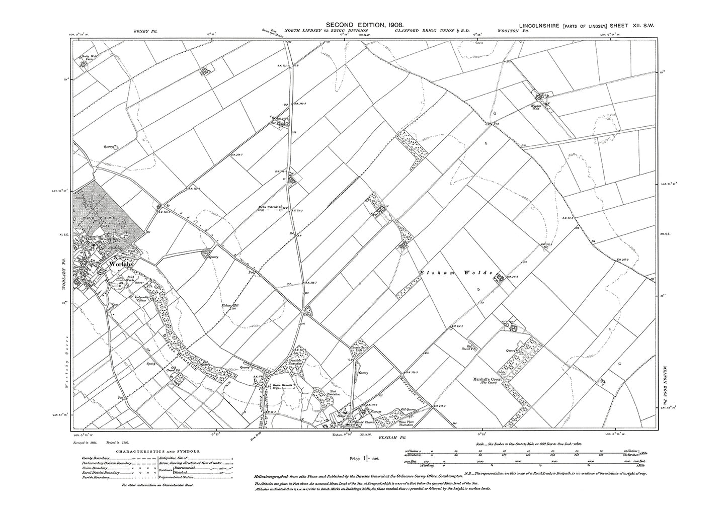 Worlaby (east), Elsham (north), Lincolnshire in 1908 : 12SW