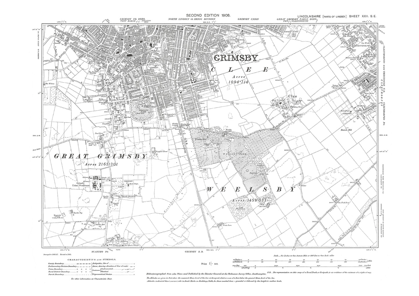 Grimsby (south), Cleethorpes (west), Clee, Lincolnshire in 1908 : 22SE