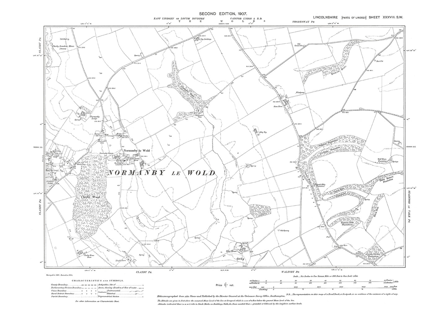 Normanby le Wold, Claxby (east), Otby, Lincolnshire in 1907 : 38SW
