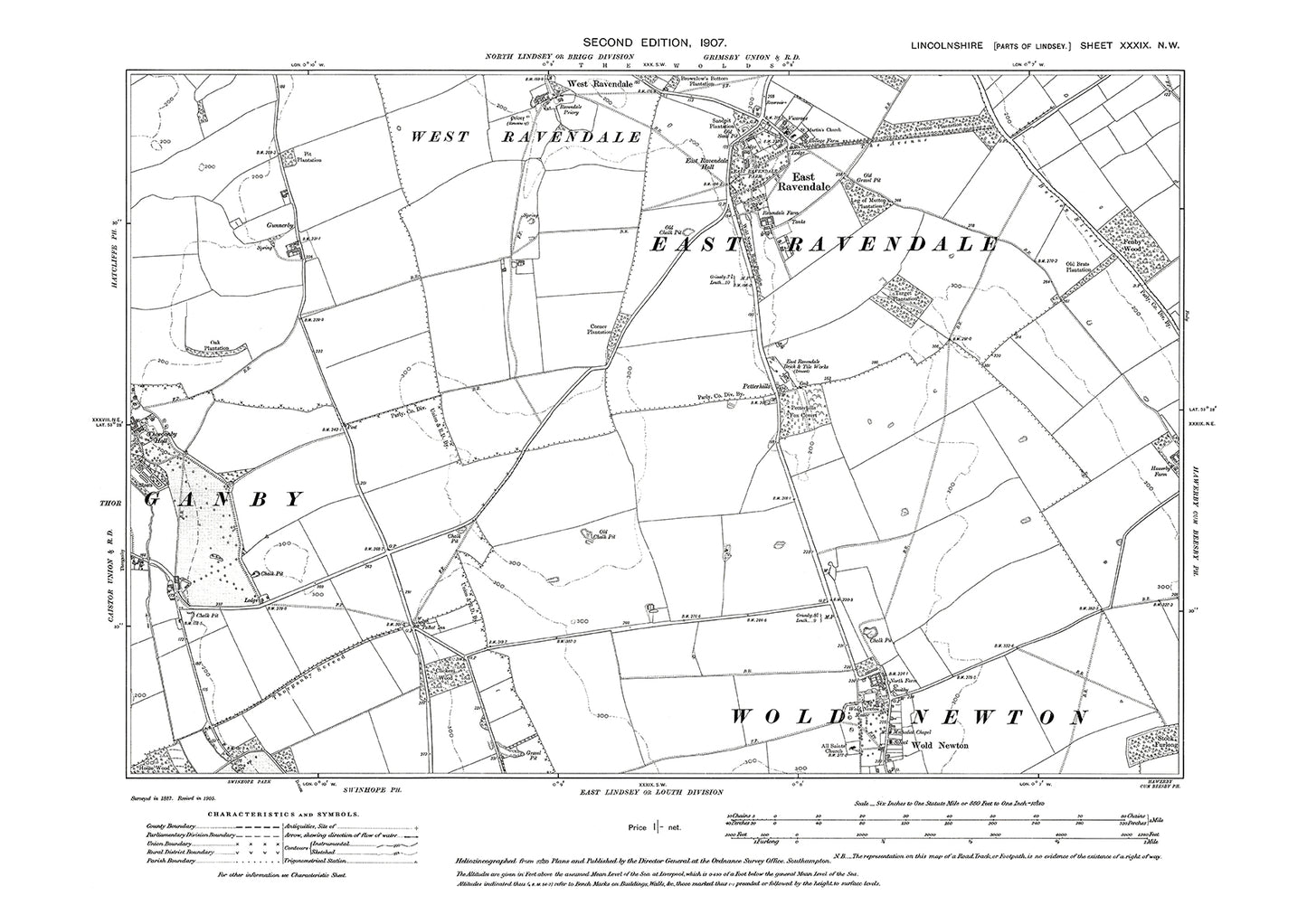 East Ravendale, West Ravendale (south), Wold Newton (north), Lincolnshire in 1907 : 39NW