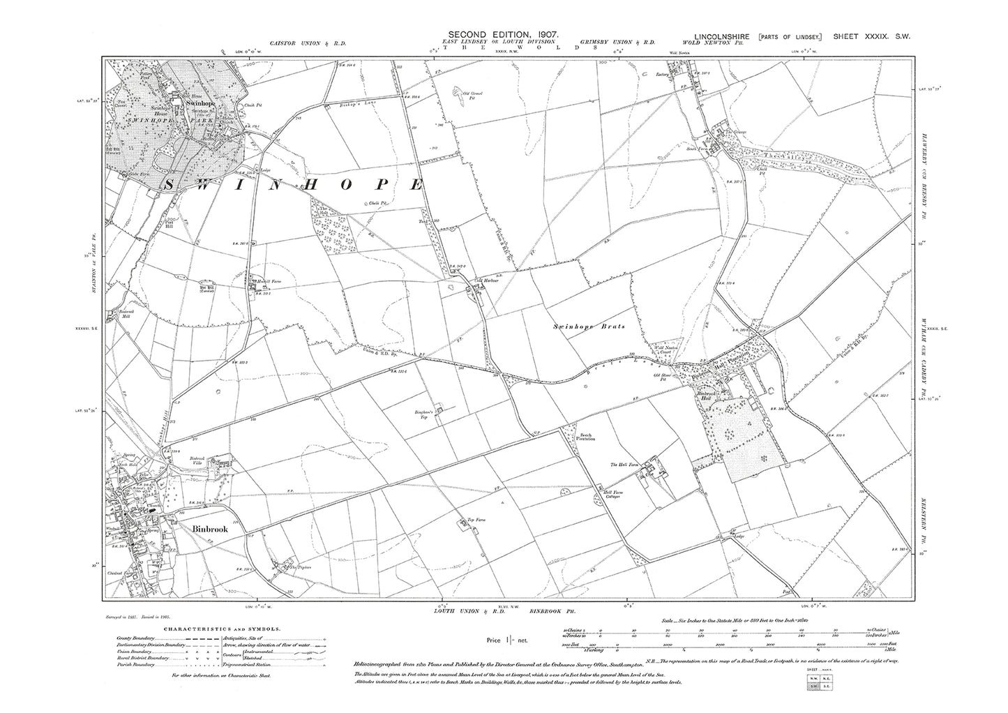 Binbrook (east), Swinhope, Wold Newton (south), Lincolnshire in 1907 : 39SW