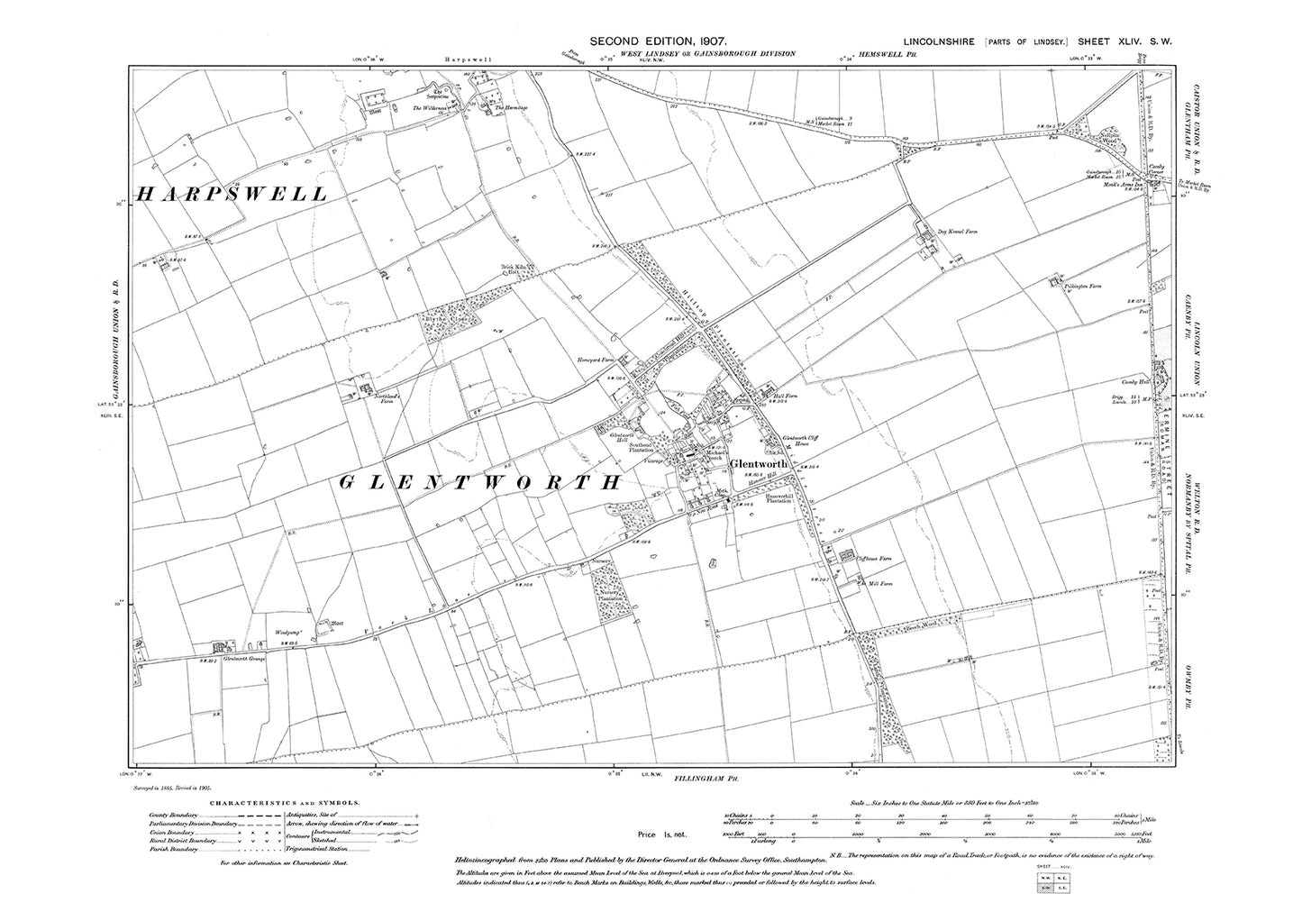 Glentworth, Harpswell (south), Caenby (west), Lincolnshire in 1907 : 44SW