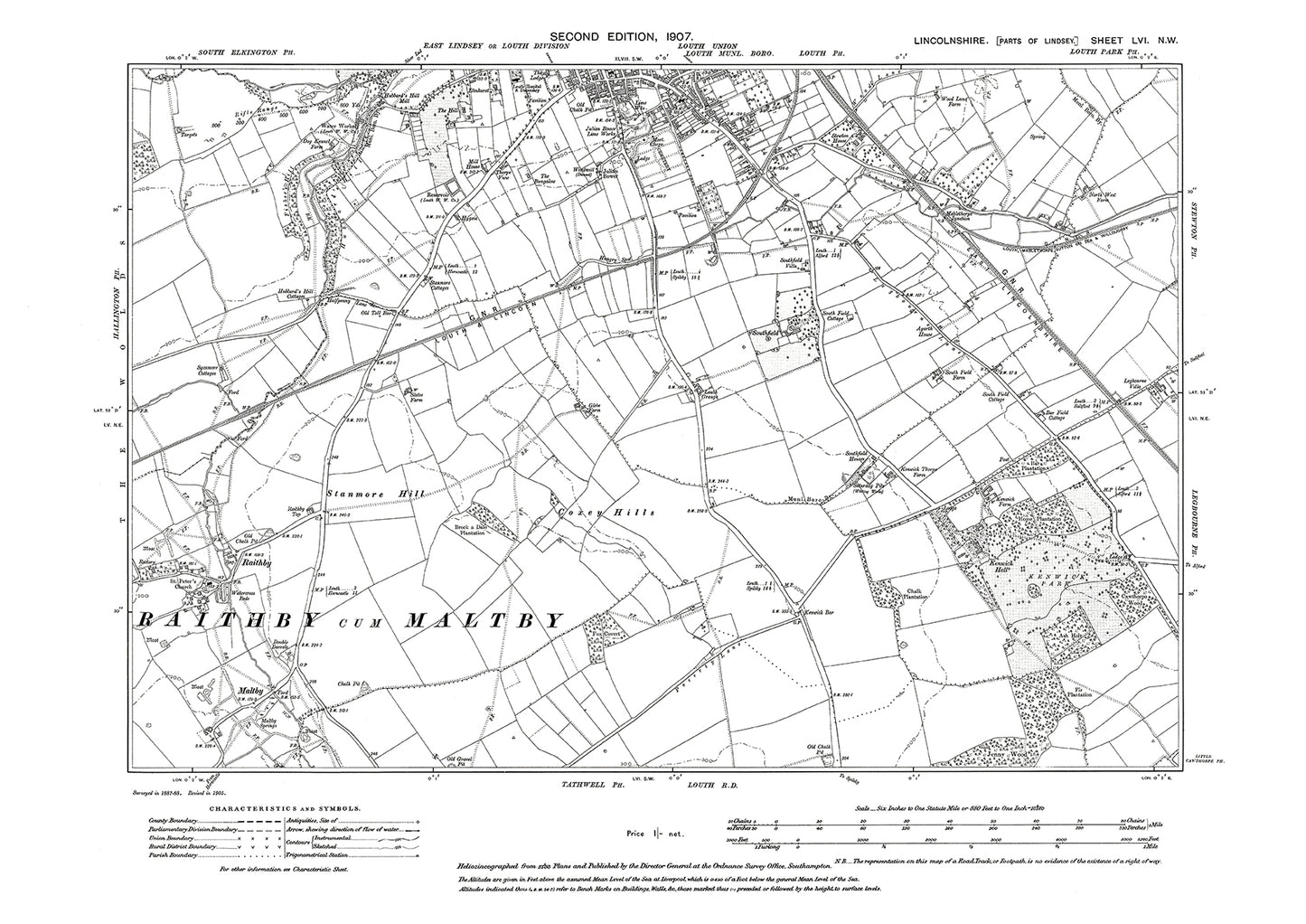 Louth (south), Raithby, Maltby, Lincolnshire in 1907 : 56NW