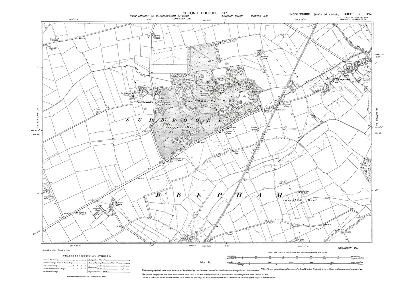 Sudbrooke, Langworth, Reepham (north), Lincolnshire in 1907 : 62SW