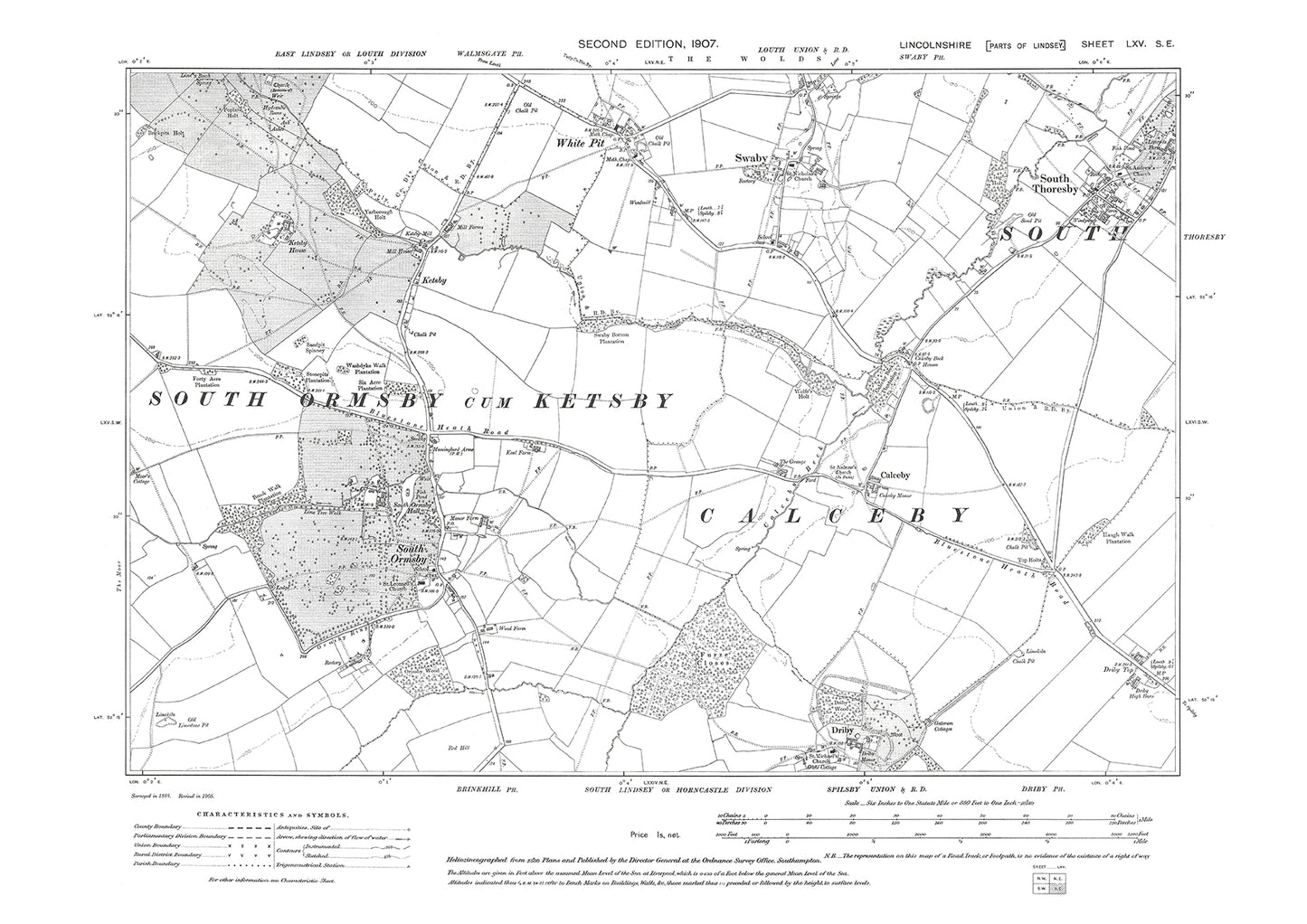 South Thoresby, Swaby, White Pit, South Ormsby, Calceby, Driby (north), Lincolnshire in 1907 : 65SE