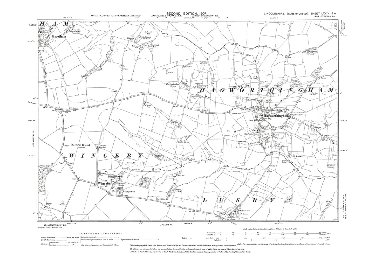 Hagworthingham, Winceby, Lusby (north), Greetham (east), Lincolnshire in 1907 : 74SW