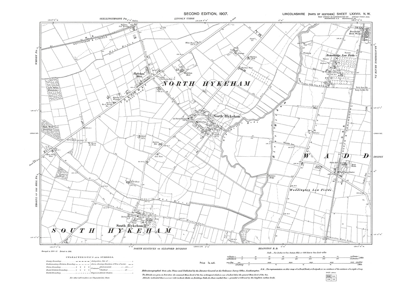North and South Hykeham, Waddington and Bracebridge Low Fields, Lincolnshire in 1907 : 78NW