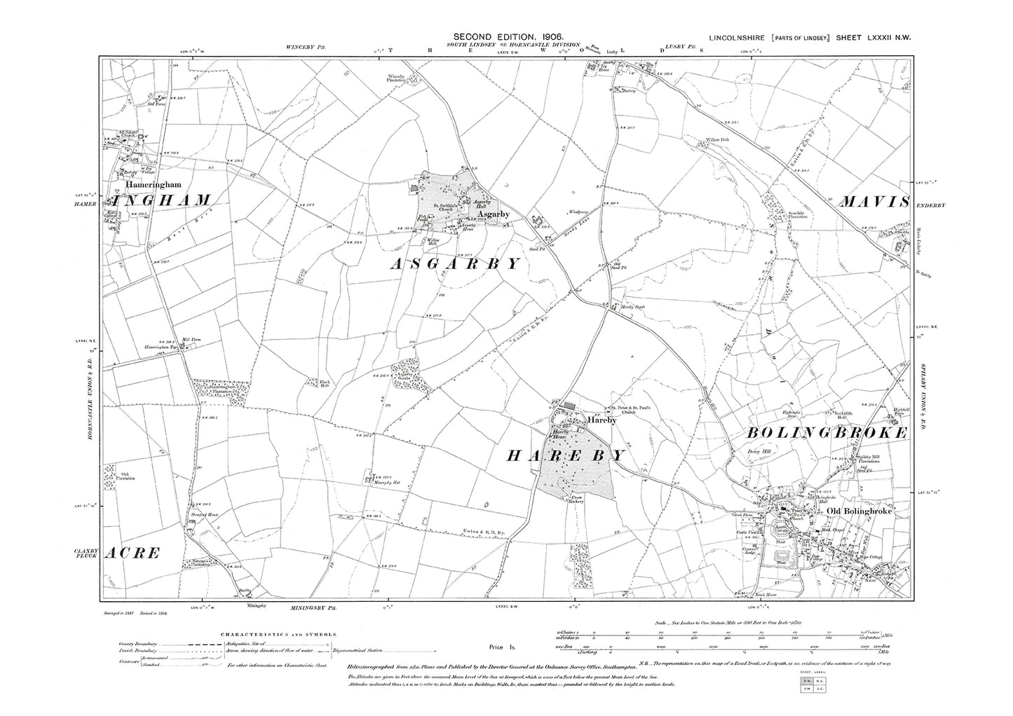 Old Bolingbroke, Hameringham (east), Asgarby, Hareby, Lincolnshire in 1906 : 82NW