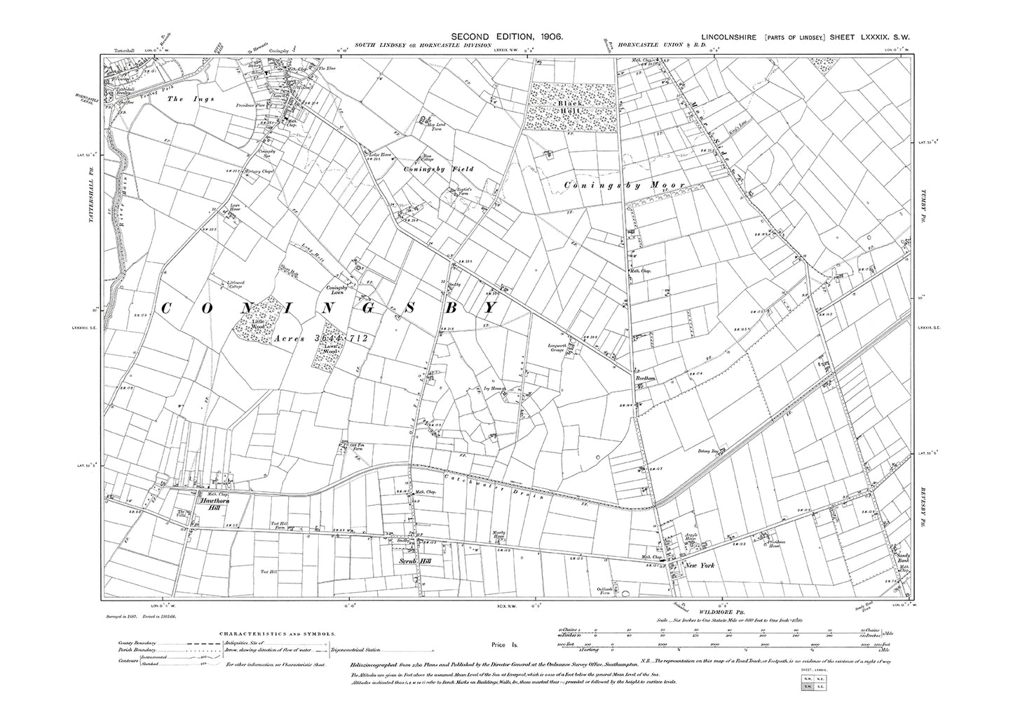 Tattershall (southeast), Coningsby (south), New York, Scrub Hill, Lincolnshire in 1906 : 89SW