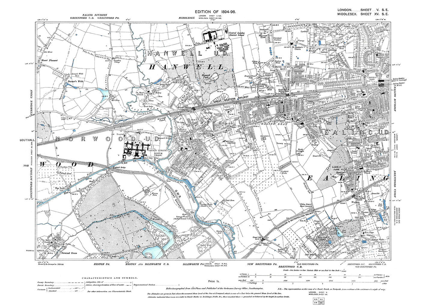 Hanwell, Ealing, old map London 1896, 5SE
