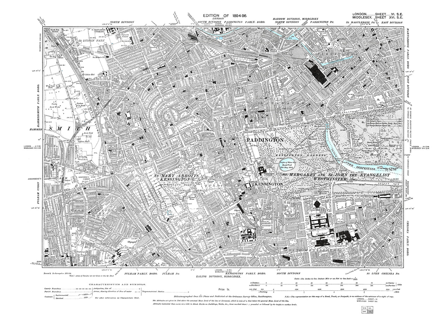 Paddington, Kensington, Notting Hill, Bayswater, Shepherd's Bush, old map London 1896, 6SE