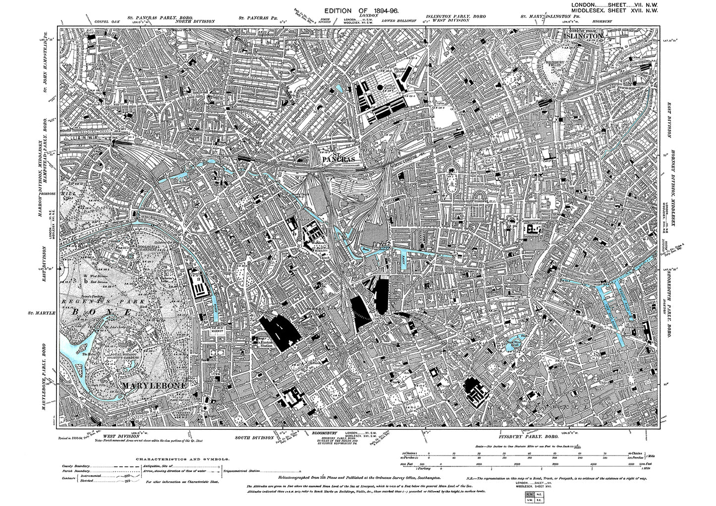 Camden, Somers Town, Barnsbury, old map London 1896, 7NW