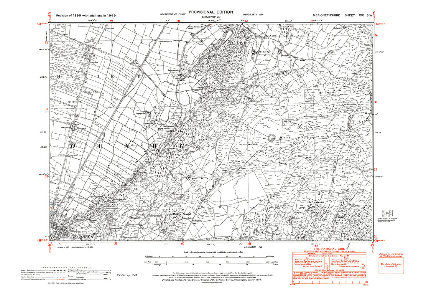 Harlech (northeast), old map Merionith 1949: 19SW