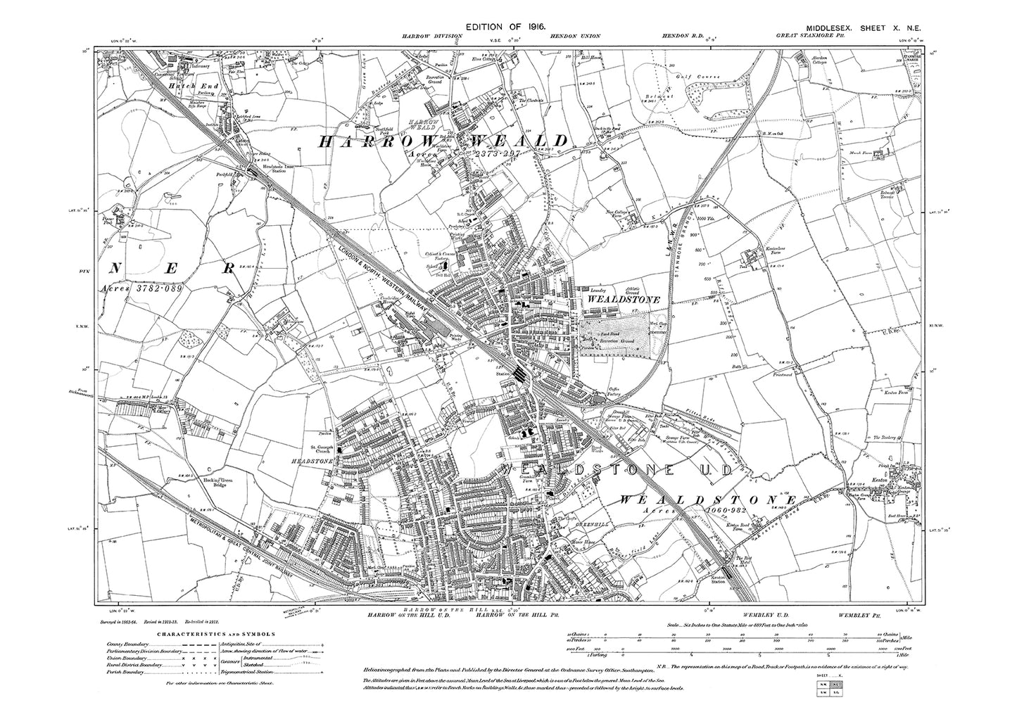 Wealdstone, Harrow Weald, Harrow on the Hill (north), Middlesex in 1916 : 10NE