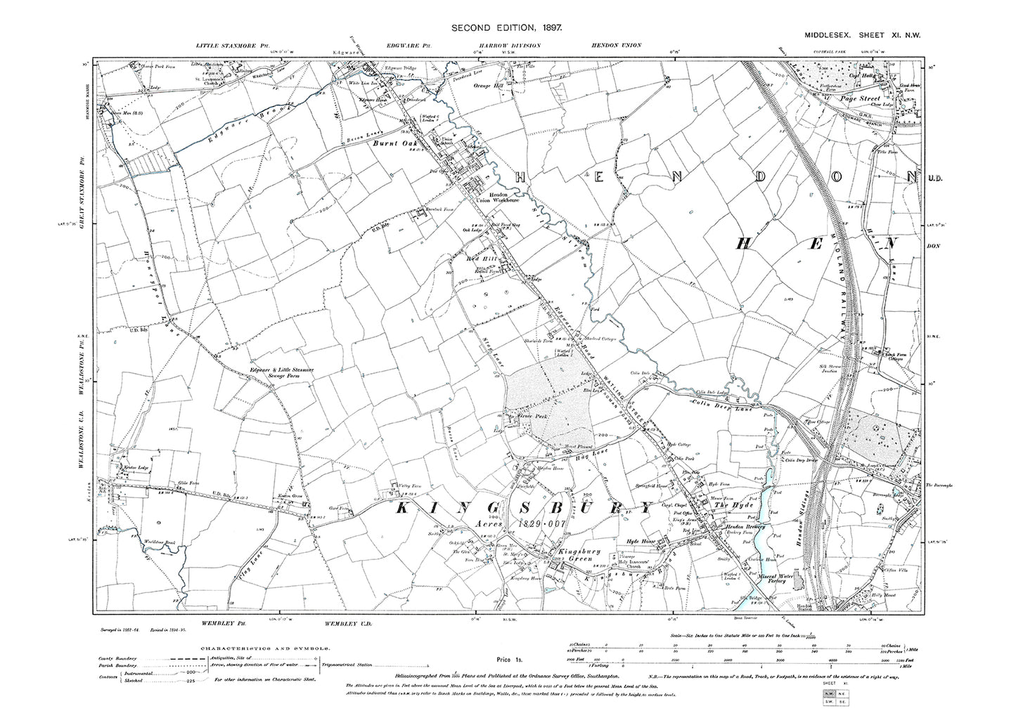 Edgware (south), Burnt Oak, Kingsbury Green, The Hyde, Middlesex in 1897 : 11NW