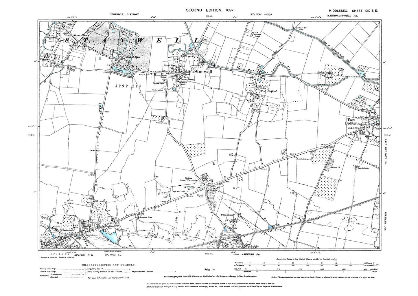 Stanwell, Staines (north), Ashford (north), West Bedfont, East Bedfont (west), Middlesex in 1897 : 19SE