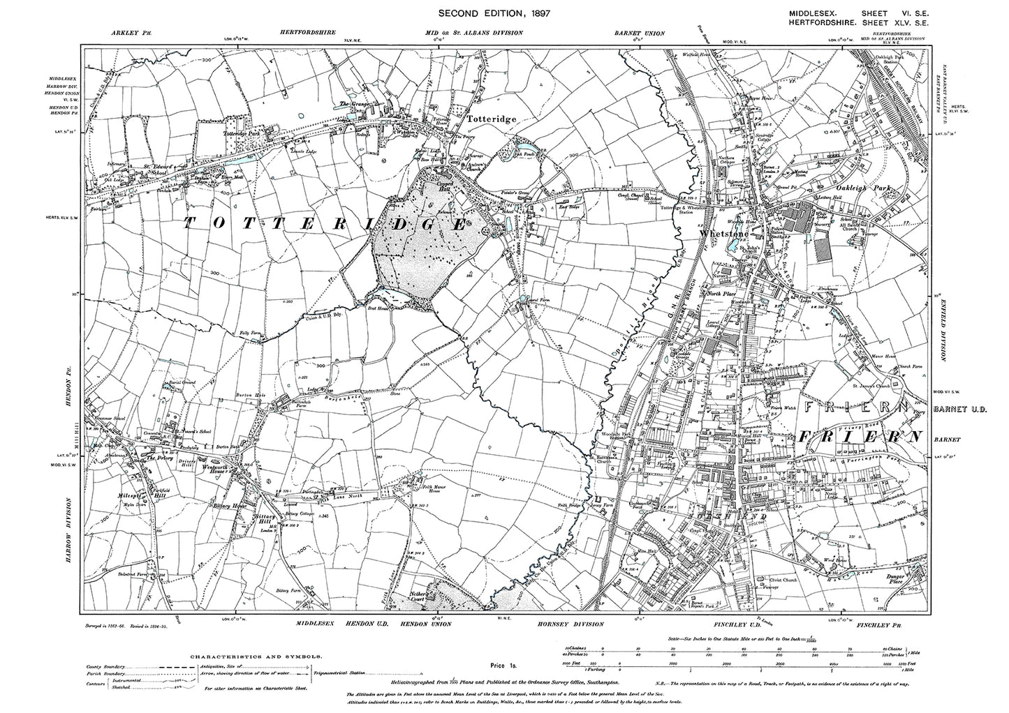 Friern Barnet (west), Totteridge, Whetstone, Bittacy Hill (site of Inglis Barracks), Middlesex in 1898 : 6SE