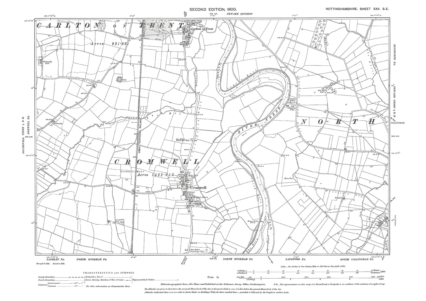 Cromwell, Carlton on Trent, old map Nottinghamshire 1900: 25SE