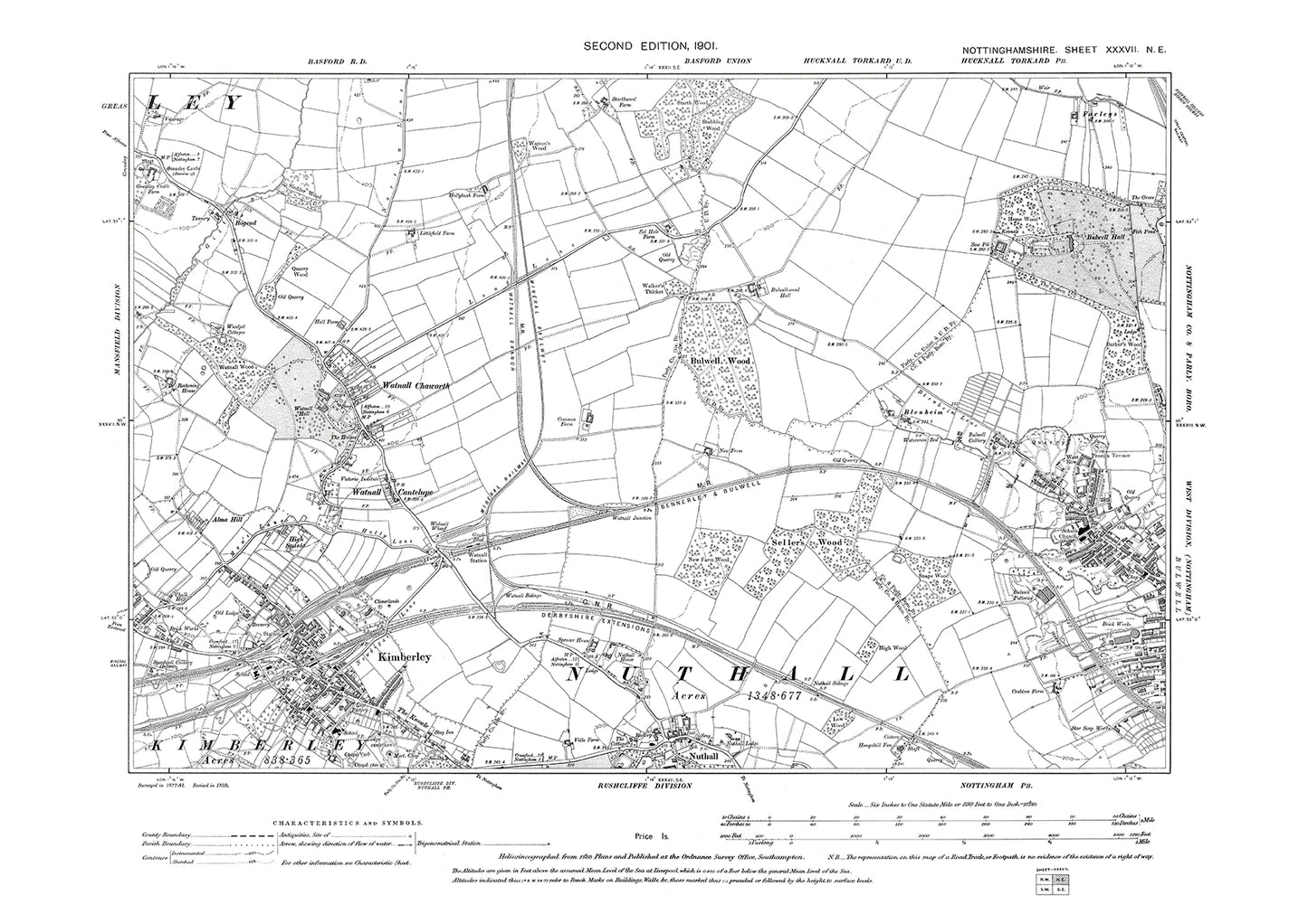 Kimberley, Bulwell (west), Nuthall, old map Nottinghamshire 1901: 37NE
