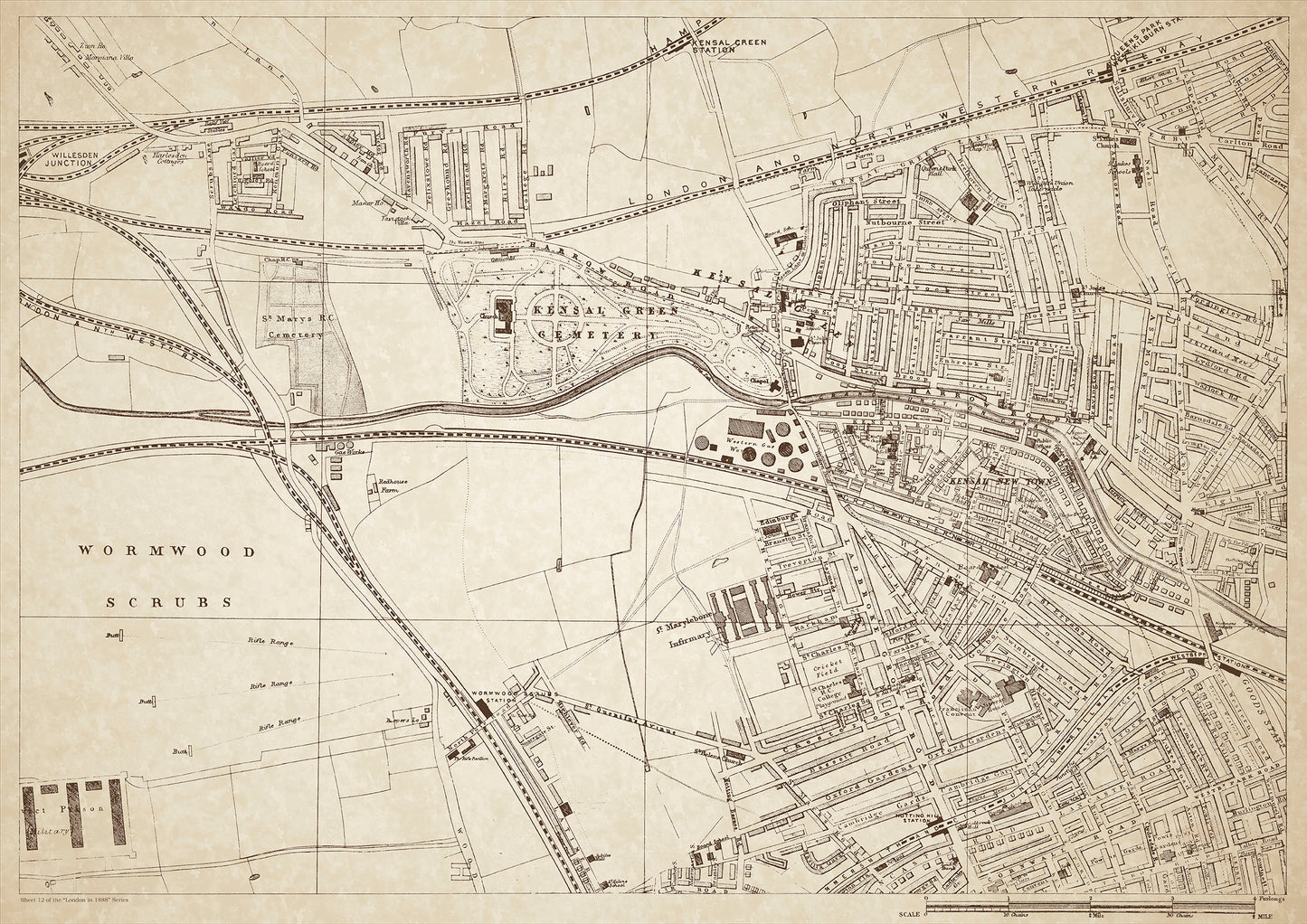 London in 1888 Series - showing Wormwood Scrubs, Kensal Green, Kensal New Town - sheet 12