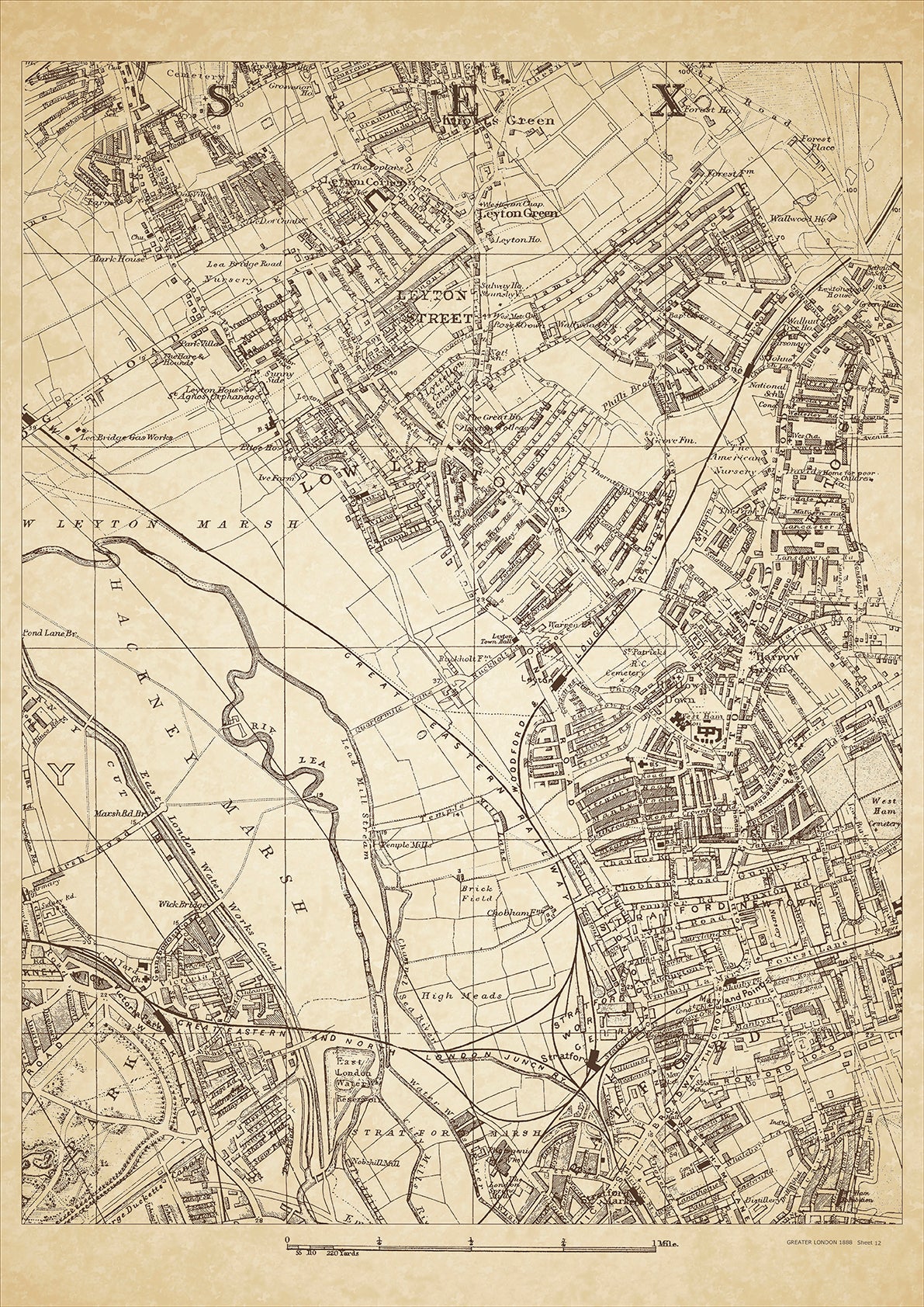 Greater London in 1888 Series - showing Leyton, Stratford (north), Leyton Green, Low Leyton, Leyton Street, Leytonstone, Harrow Green, Hackney Marsh - sheet 12