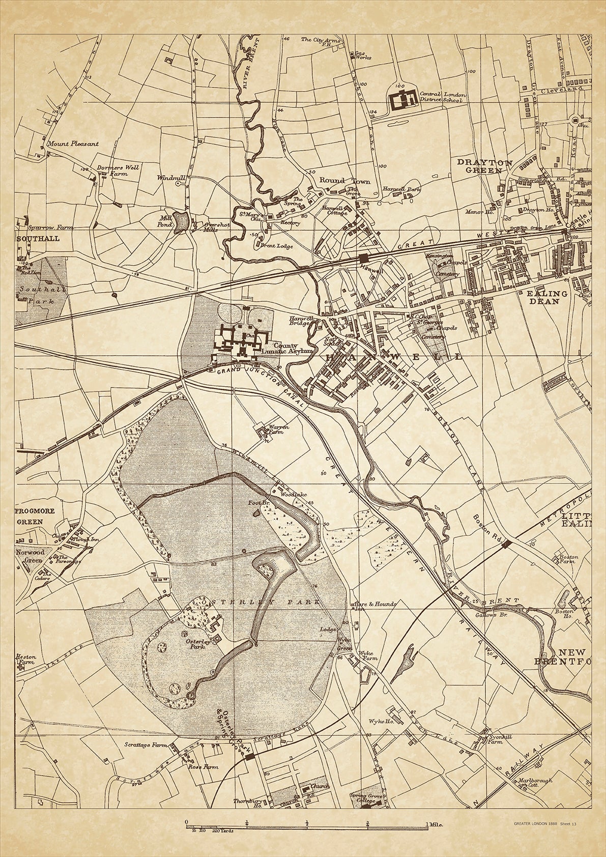 Greater London in 1888 Series - showing Hanwell, Osterley Park, Drayton Green, Ealing Dean - sheet 13