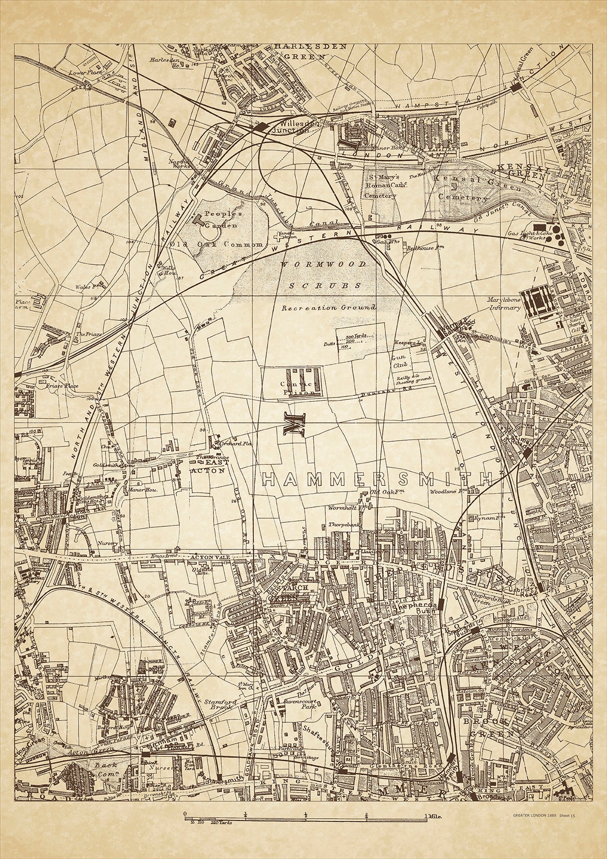Greater London in 1888 Series - showing Shepherds Bush, Wormwood Scrubs, Harlesden Green (south), Willesden Junction, Kensal Green (west), Acton Vale, East Acton, Starch Green, West Kensington, Brook Green - sheet 15