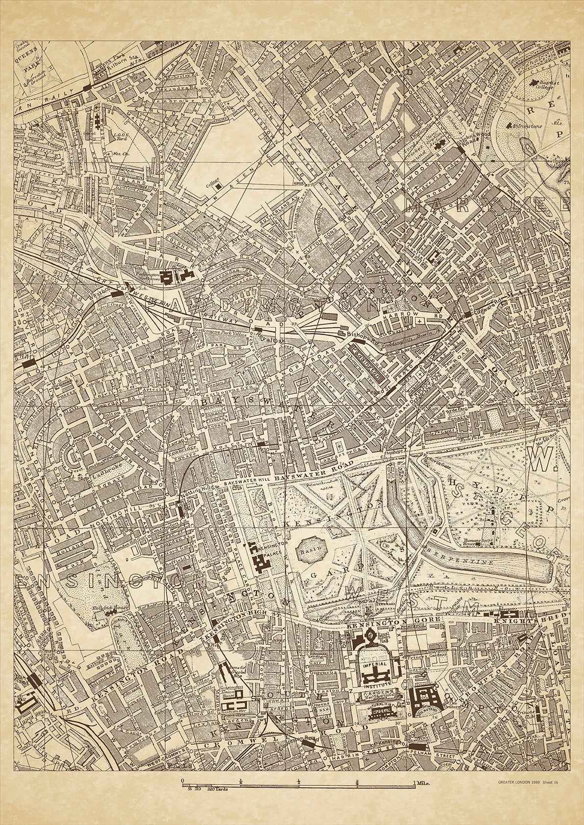 Greater London in 1888 Series - showing Paddington, Bayswater, Kensington, Cromwell Road, Kensington Gore, Notting Hill, Maida Vale, Edgware Road - sheet 16
