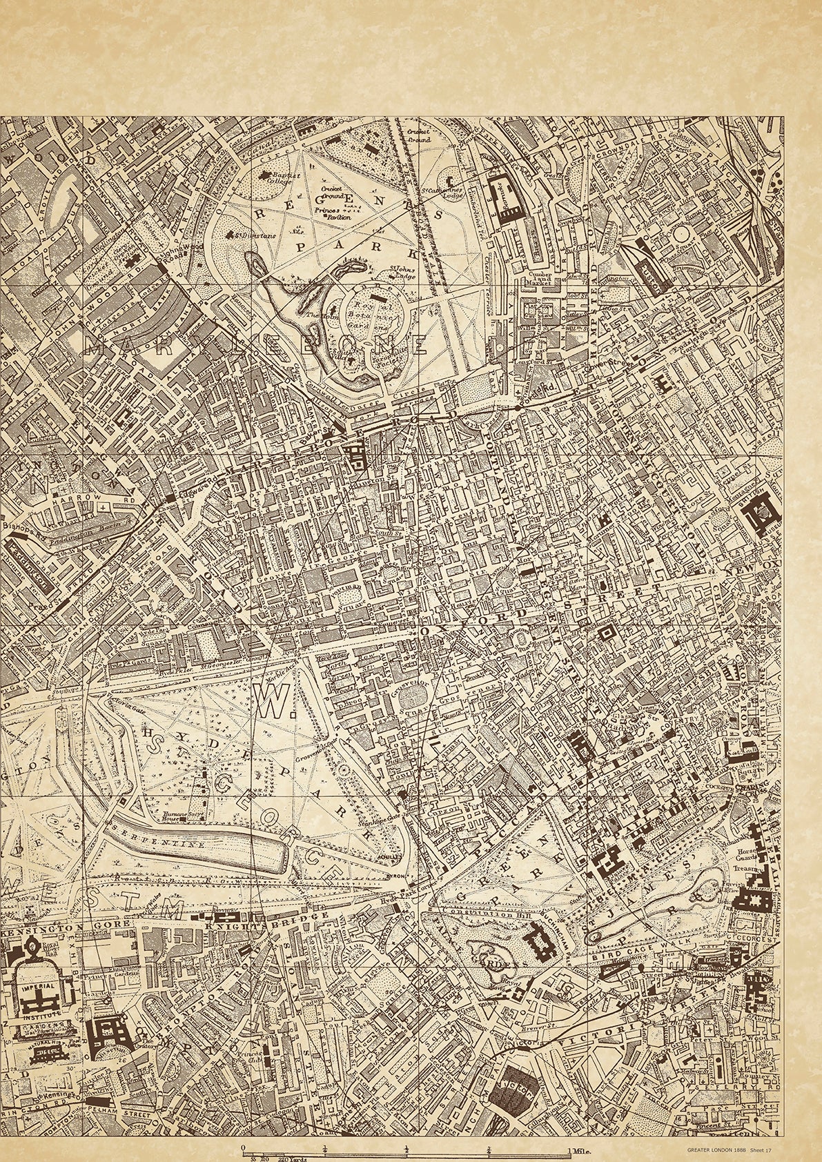 Greater London in 1888 Series - showing Regents Park, Hyde Park, Marylebone Road, Euston Road, Edgware Road, Tottenham Court Road, Oxford Street, Regent Street, Piccadilly - sheet 17