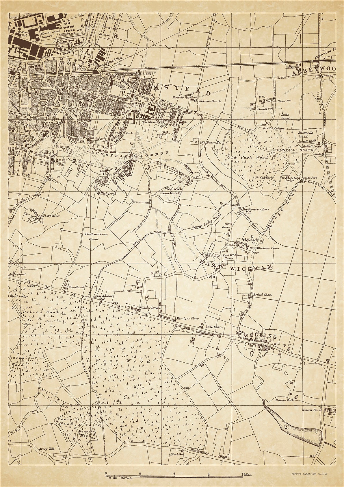Greater London in 1888 Series - showing Welling, East Wickham, Plumstead, Woolwich (east), Abbey Wood (west) - sheet 32
