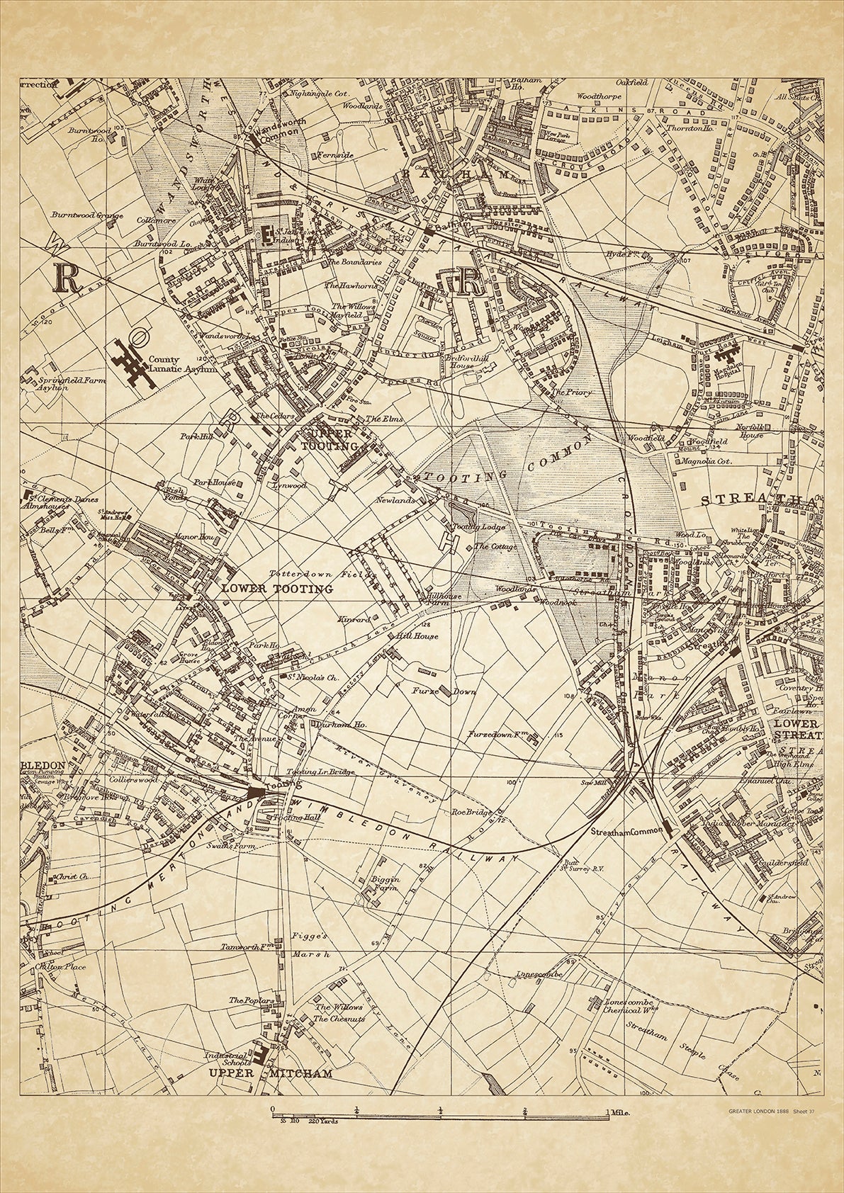 Greater London in 1888 Series - showing Tooting, Balham, Streatham (west), Upper Tooting, Lower Tooting, Tooting Common, Upper Mitcham - sheet 37