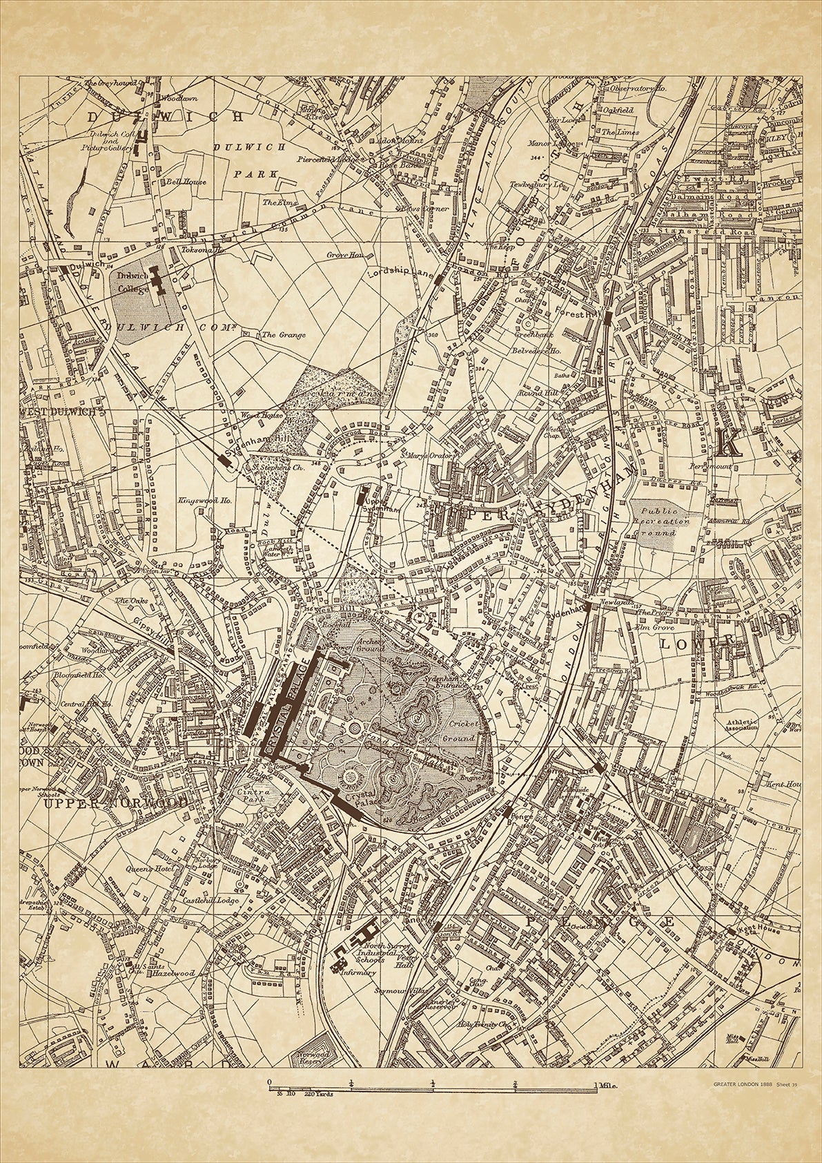 Greater London in 1888 Series - showing Penge, Crystal Palace, Forest Hill, Dulwich (south), Dulwich Park, Upper and Lower Sydenham (west), Upper Norwood - sheet 39