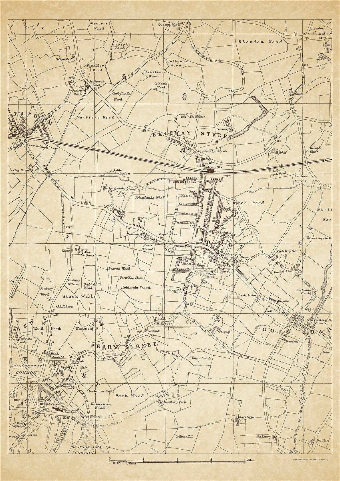 Greater London in 1888 Series - showing Sidcup, Halfway Street, Perry Street, Eltham (east), Foots Cray, Chislehurst (east) - sheet 42
