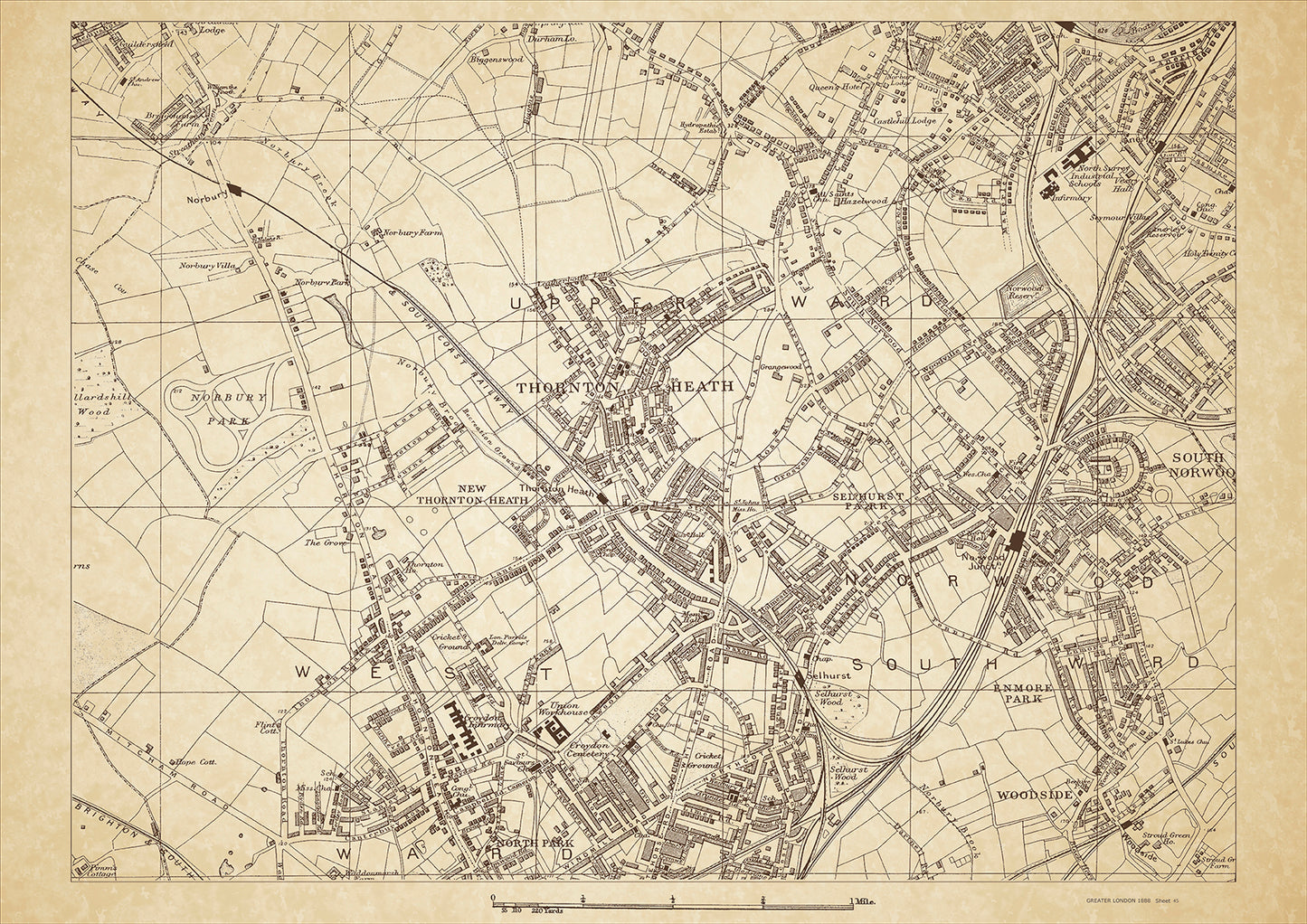 Greater London in 1888 Series - showing Thornton Heath, Selhurst Park, Croydon (north), South Norwood (west), Penge (southwest), Norbury Park, Woodside - sheet 45