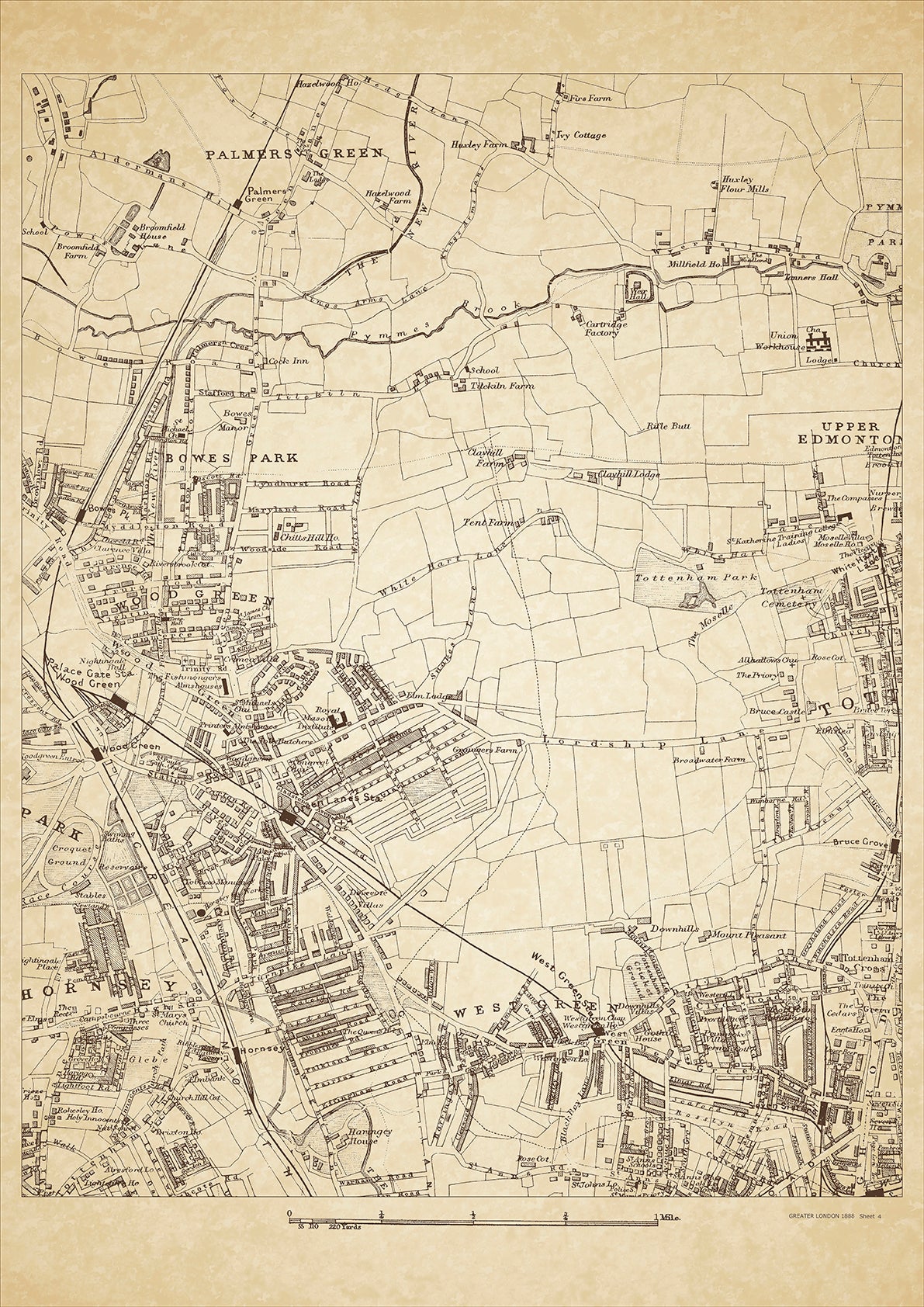 Greater London in 1888 Series - showing Palmers Green, West Green, Hornsey (east), Wood Green, Bowes Park - sheet 4