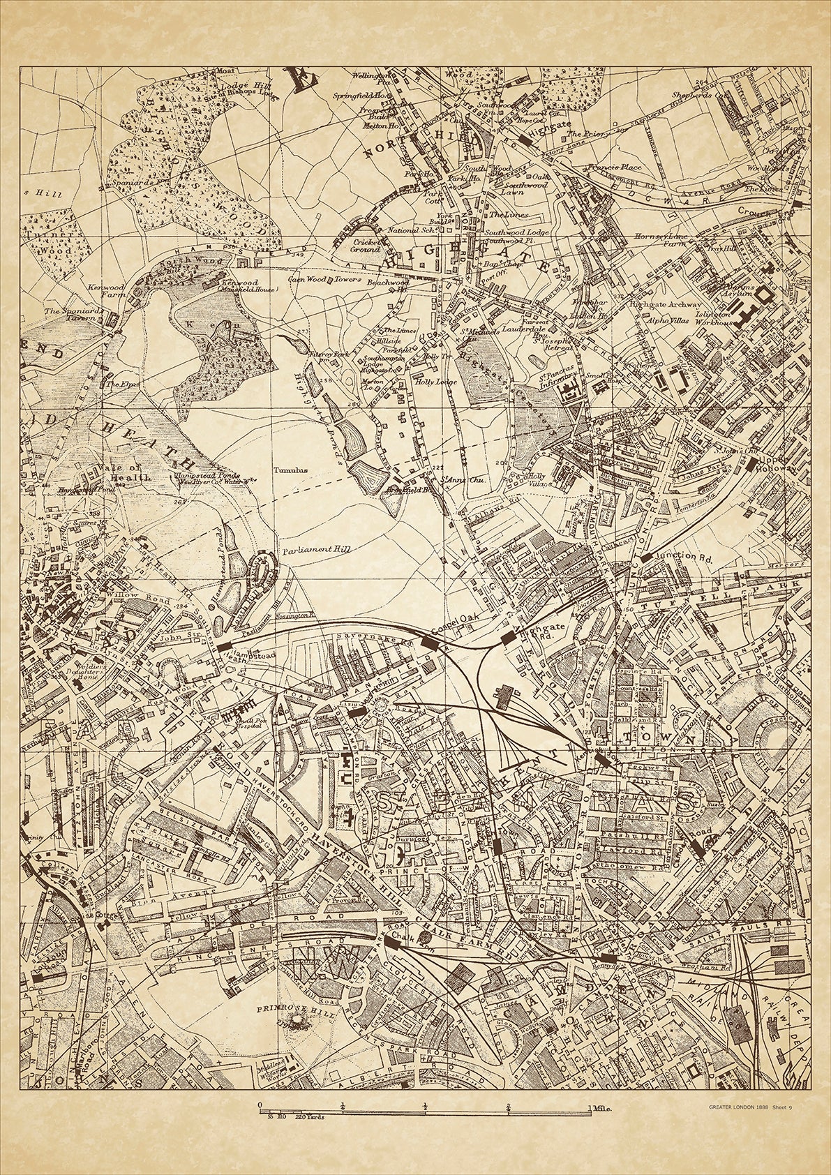 Greater London in 1888 Series - showing Highgate, Kentish Town, Camden (north), North Hill, Primrose Hill - sheet 9