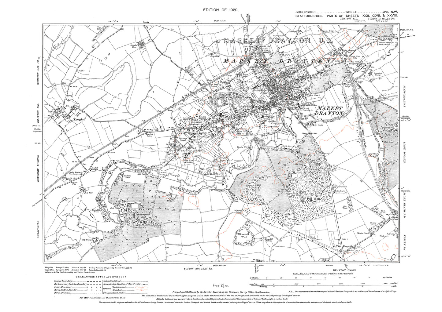 Market Drayton, Longford, Shropshire in 1929: 16NW