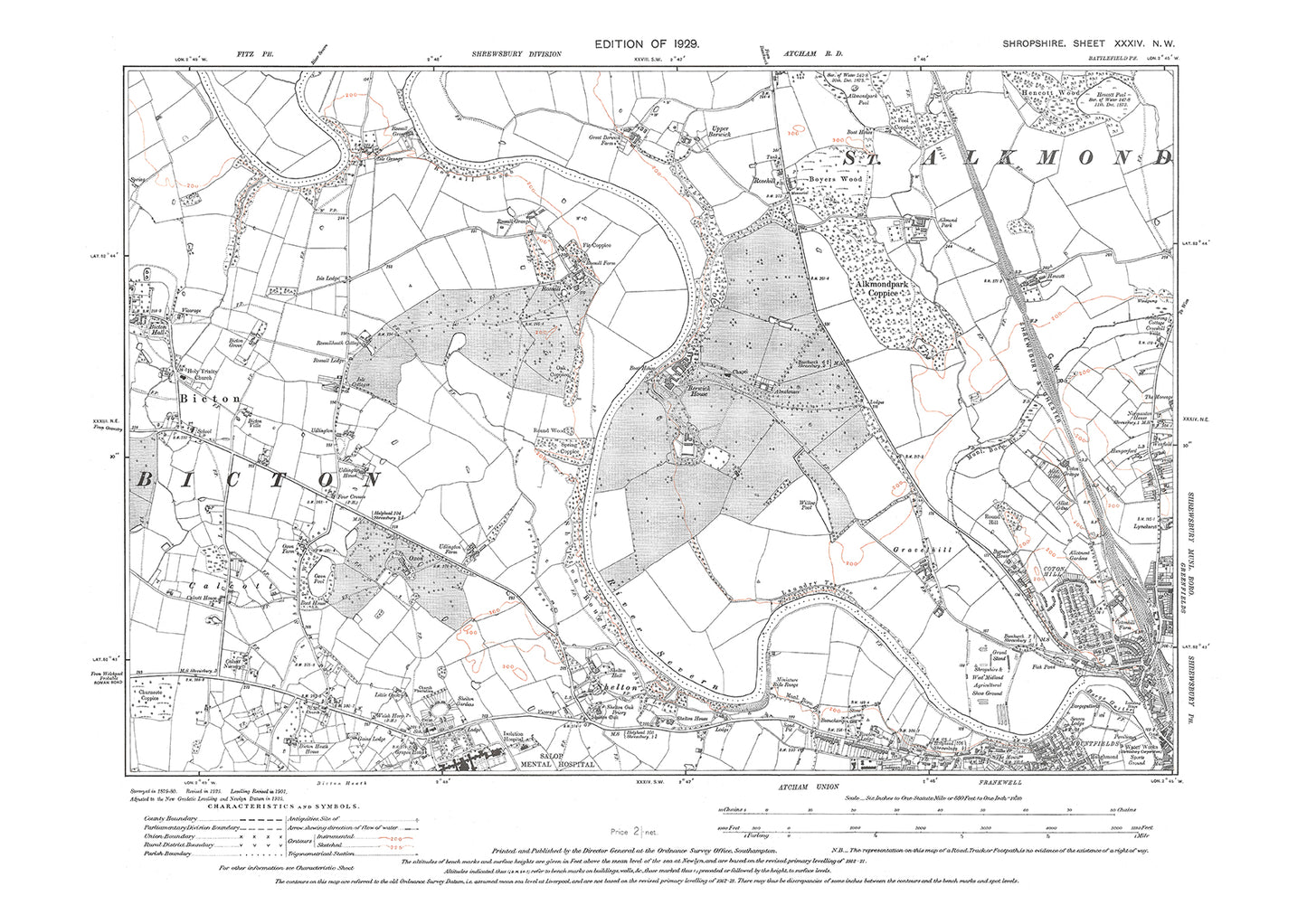 Shrewsbury (northwest), Bicton, Shropshire in 1929: 34NW