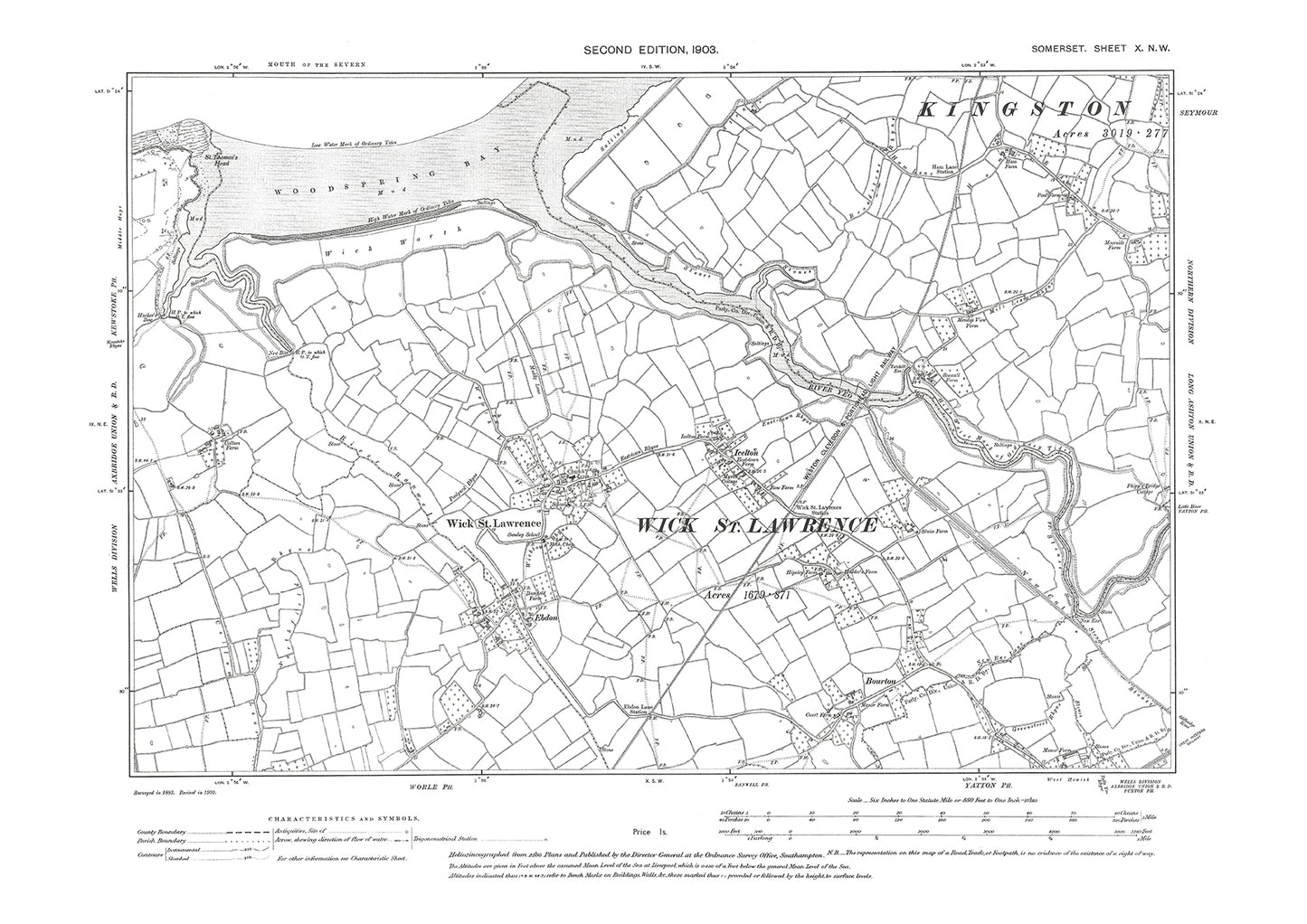 Wick St Lawrence, Bourton, Icelton, old map Somerset 1903: 10NW