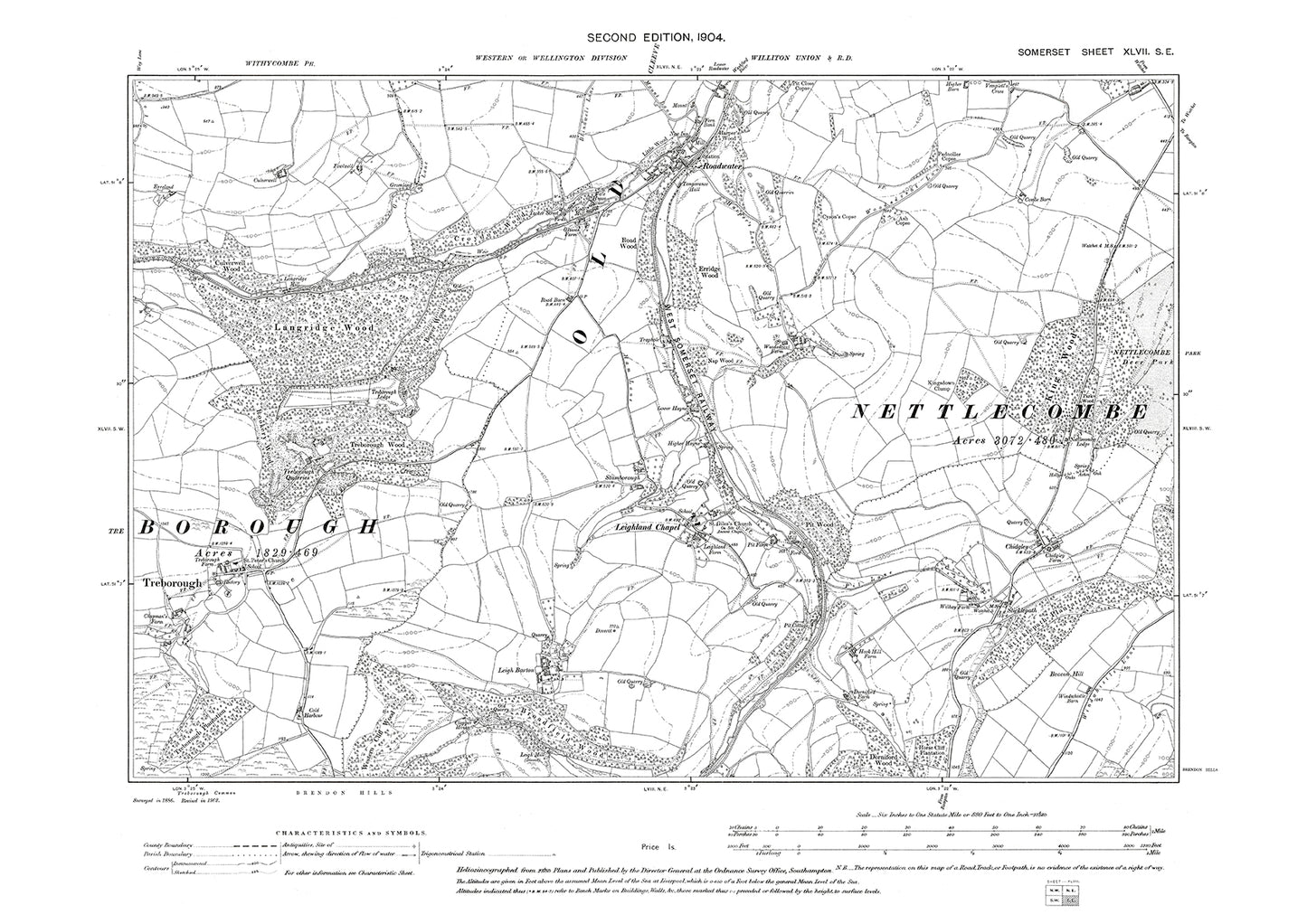 Treborough, Leighland Chapel, Roadwater, old map Somerset 1904: 47SE