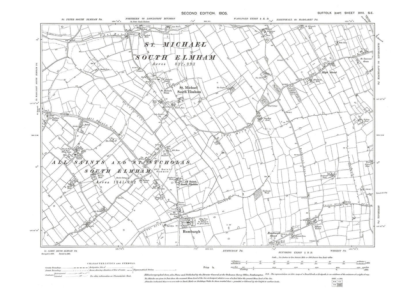 St Michael & All Saints South Elmham, Rumburgh, old map Suffolk 1905: 17SE