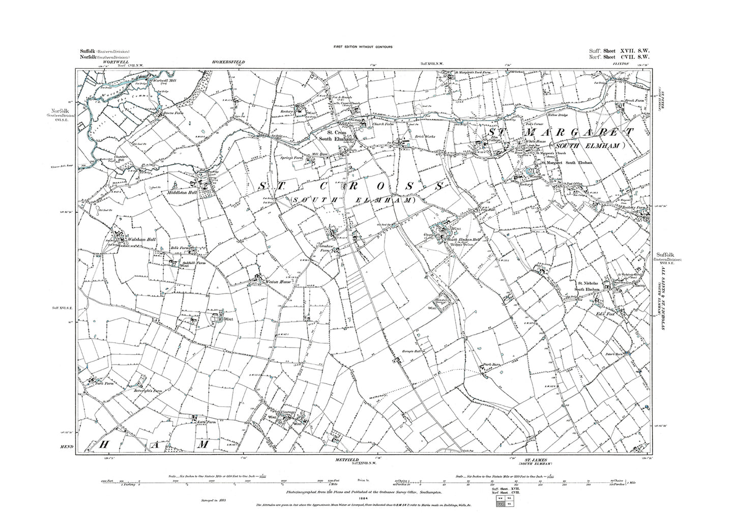 St Cross, St Margaret & St Nicholas South Elmham, old map Suffolk 1886: 17SW