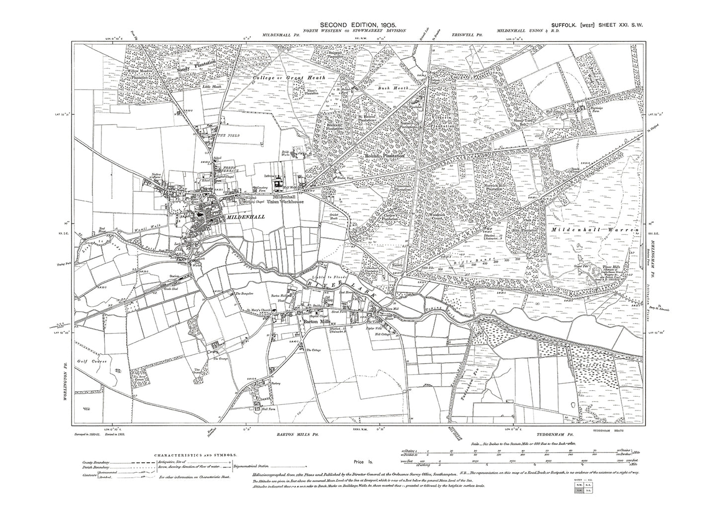 Mildenhall, Barton Mills, old map Suffolk 1905: 21SW