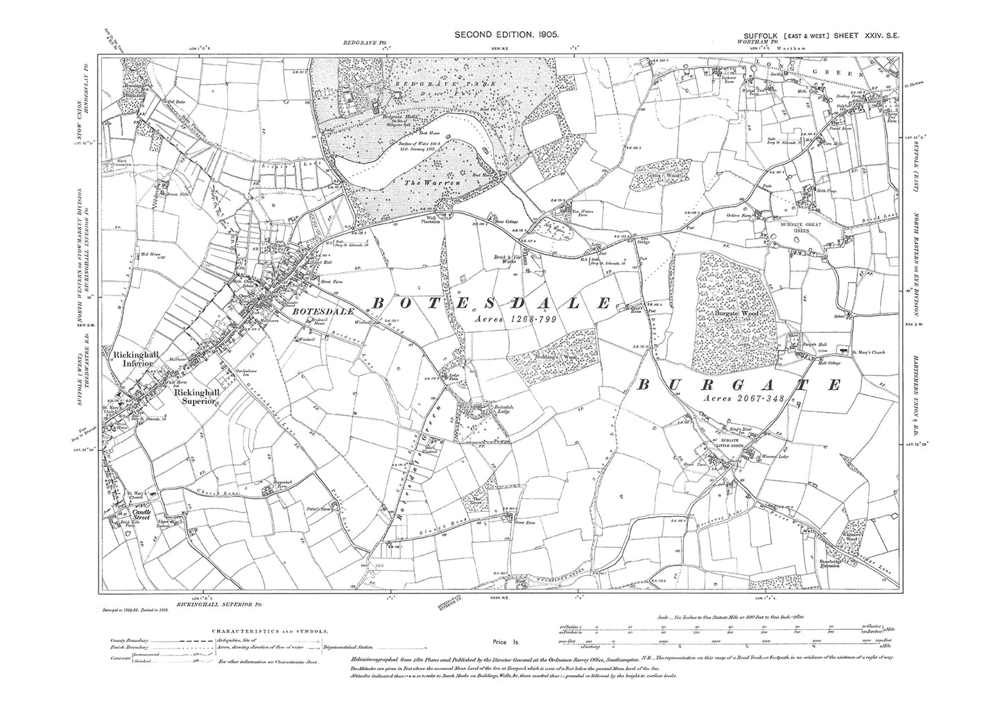 Botesdale, Rickinghall, Burgate, Long Green, old map Suffolk 1905: 24SE
