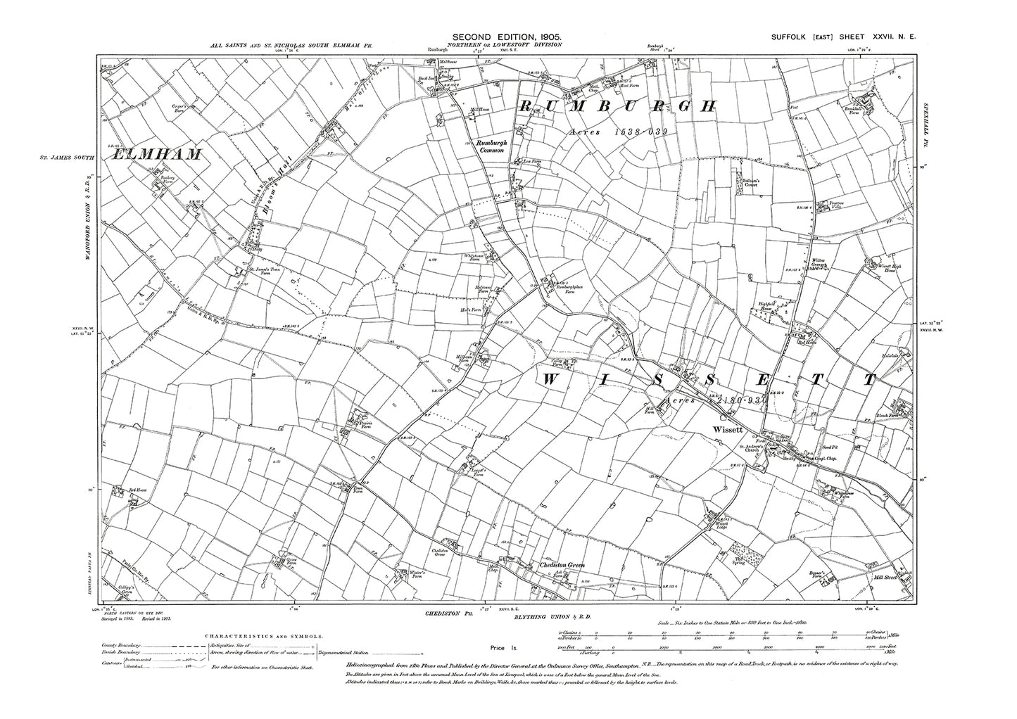 Wissett, Rumburgh Common, Chediston Green, old map Suffolk 1905: 27NE