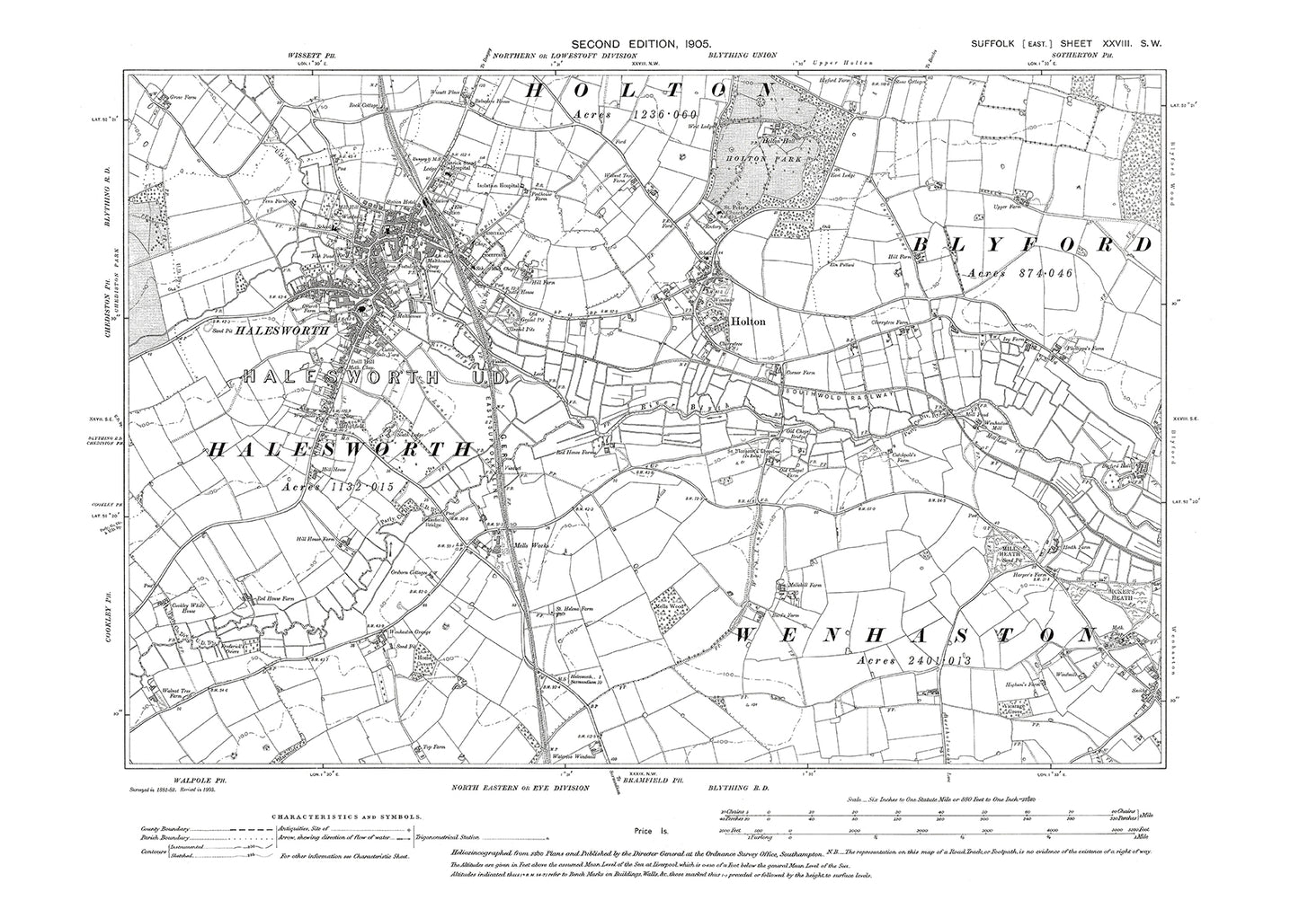 Halesworth, Holton, Wenhaston (west), old map Suffolk 1905: 28SW