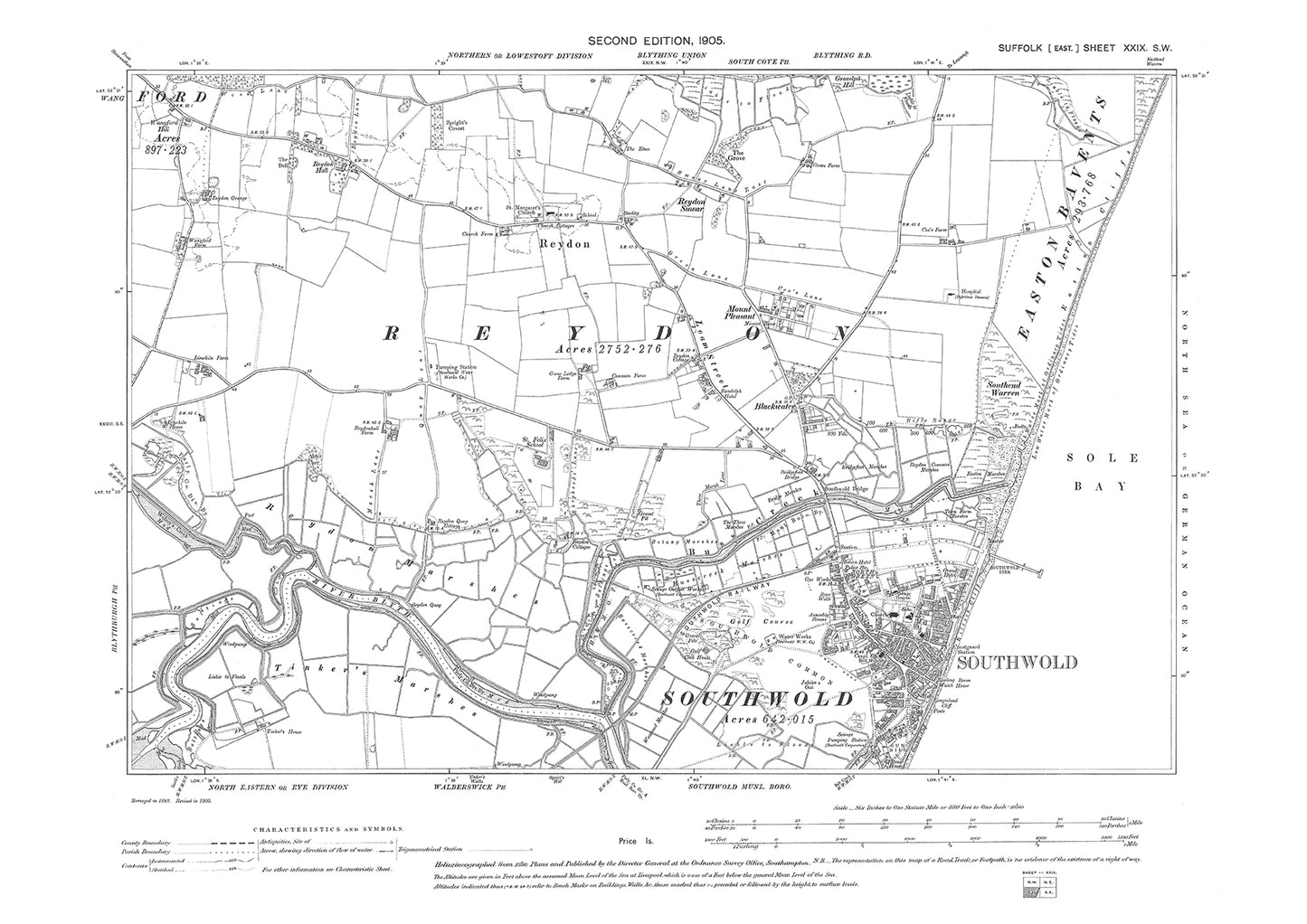 Southwold, Reydon, old map Suffolk 1905: 29SW
