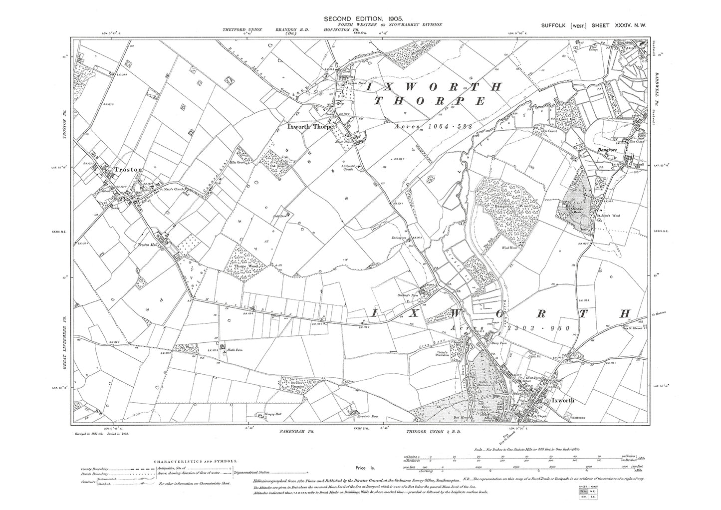 Bardwell (west), Ixworth Thorpe, Ixworth (north), Troston, old map Suffolk 1905: 34NW