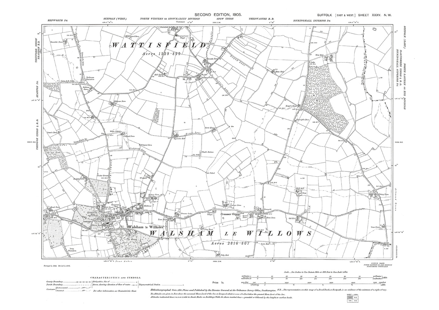 Walsham le Willows, Cranmer Green, old map Suffolk 1905: 35NW